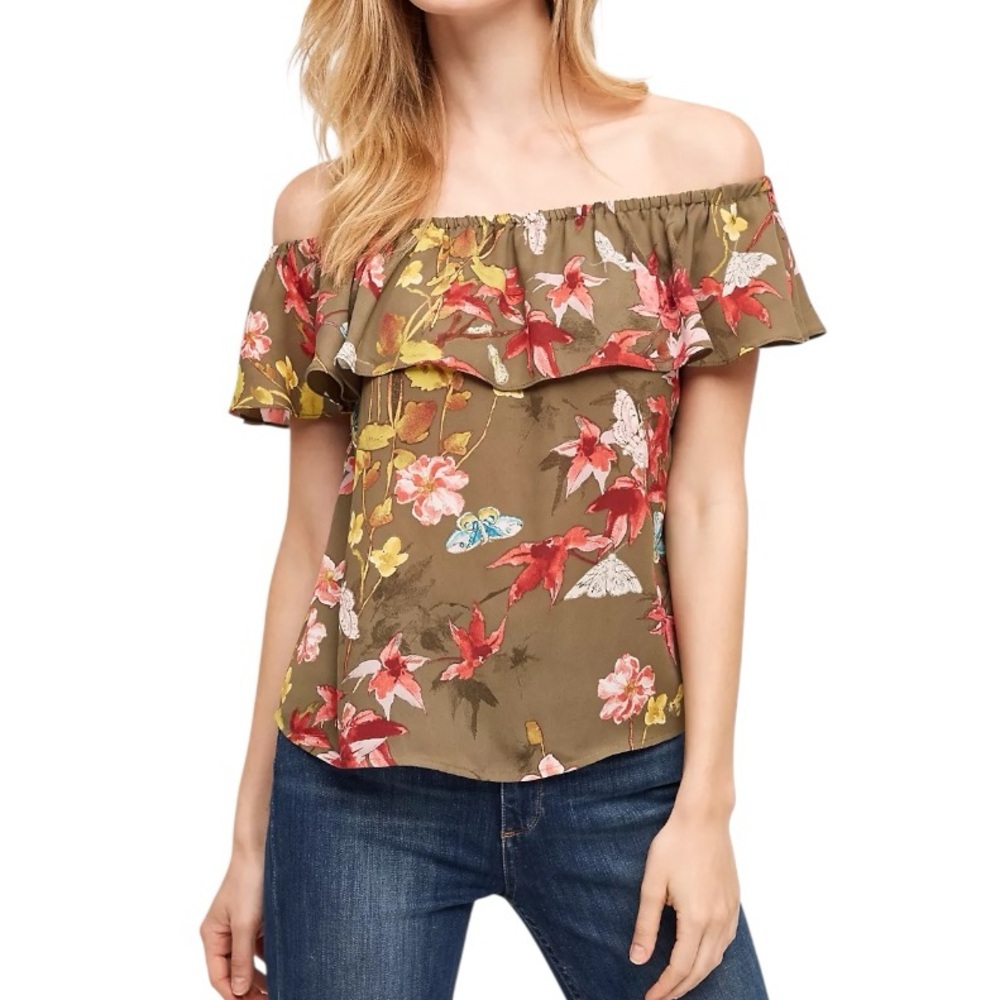 LN Anthropologie Maeve Vallita Olive Green Floral Print Off the Shoulder Top - S